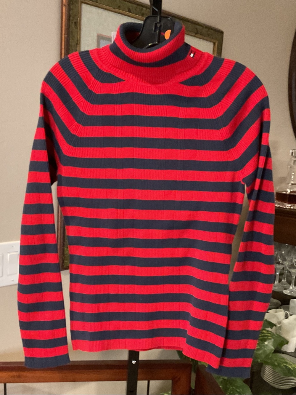 TOMMY HILFIGER - Women’s Red and Navy Striped Turtleneck Sweater
